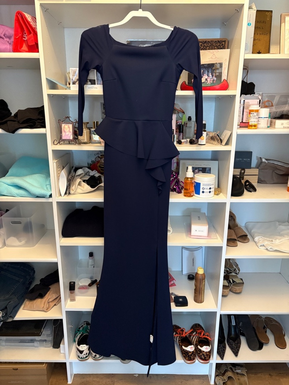 Chiara Boni Navy Long-Sleeve Peplum Evening Gown